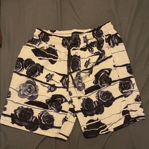Men's Black & White Rose Print Swim Trunks
